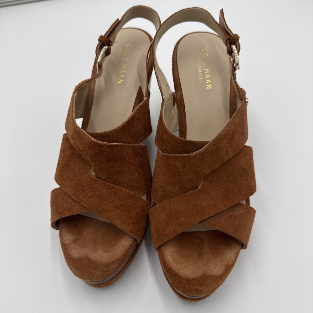 Cole Haan Tan Suede Platform Slingback Sandals Size 9 Cognac Block Heel